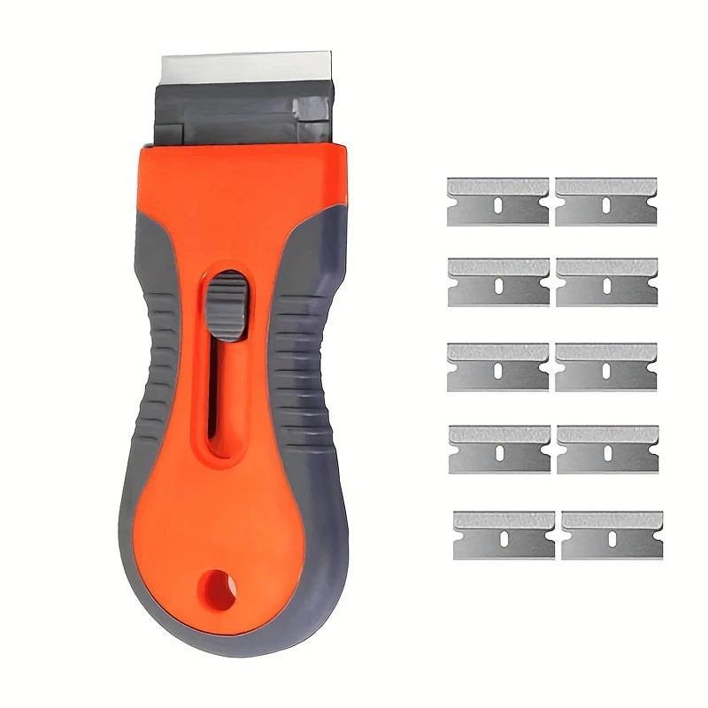 Orange and gray telescopic scraper tool with ten replacement blades for scraping tasks
