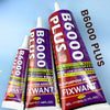 A tube of B6000 PLUS clear multi-surface adhesive with red and purple labeling is shown against a light blue background.