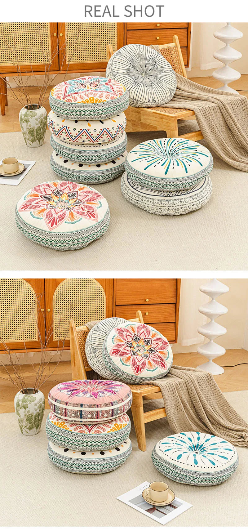 Bohemian Round Floor Cushion with Anti-Slip Base