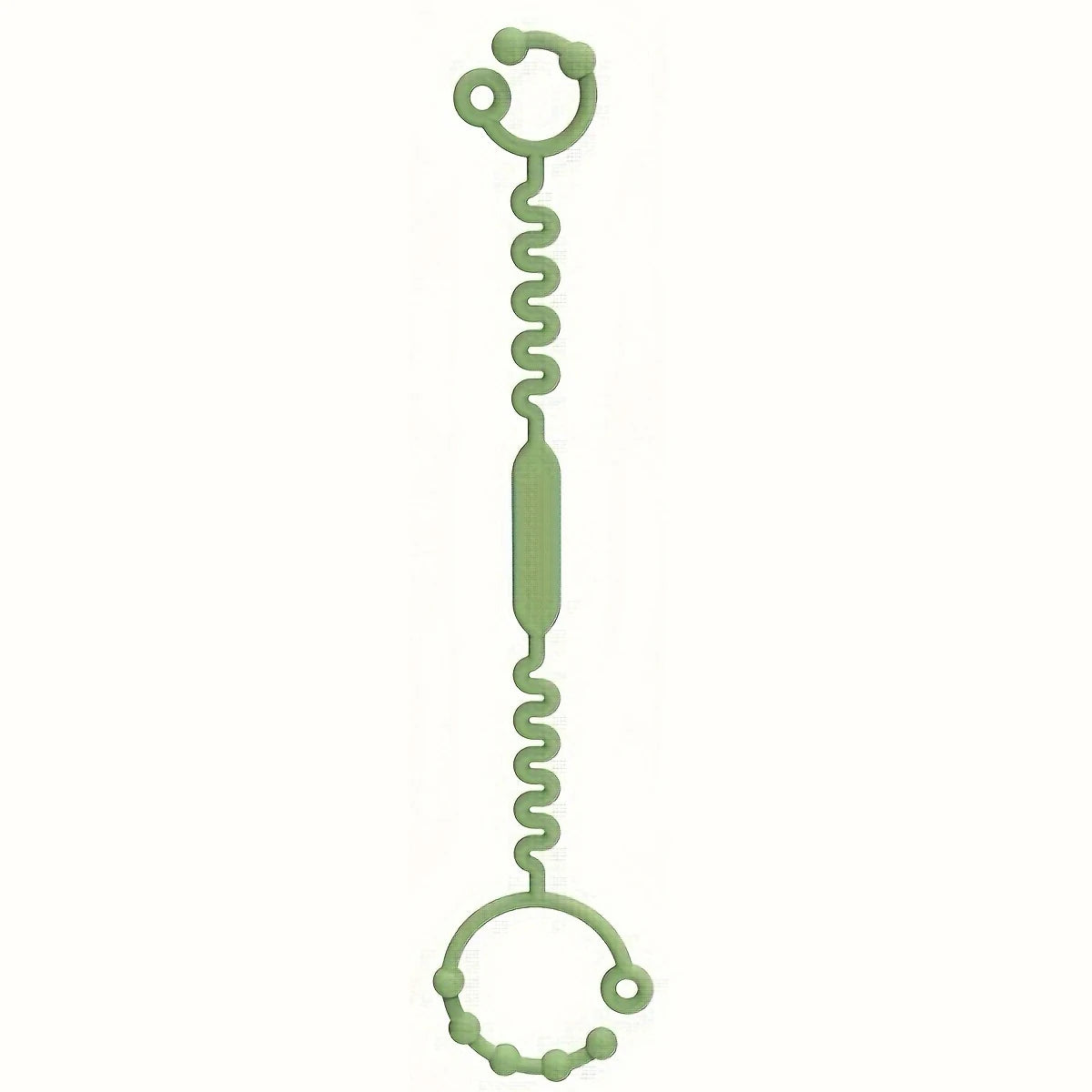A green silicone pacifier chain with a loop at the top and bottom for baby bottles and teethers.