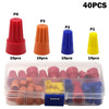 A collection of 40 color-coded twist-on wire connectors in various sizes and colors packaged in a clear plastic container.