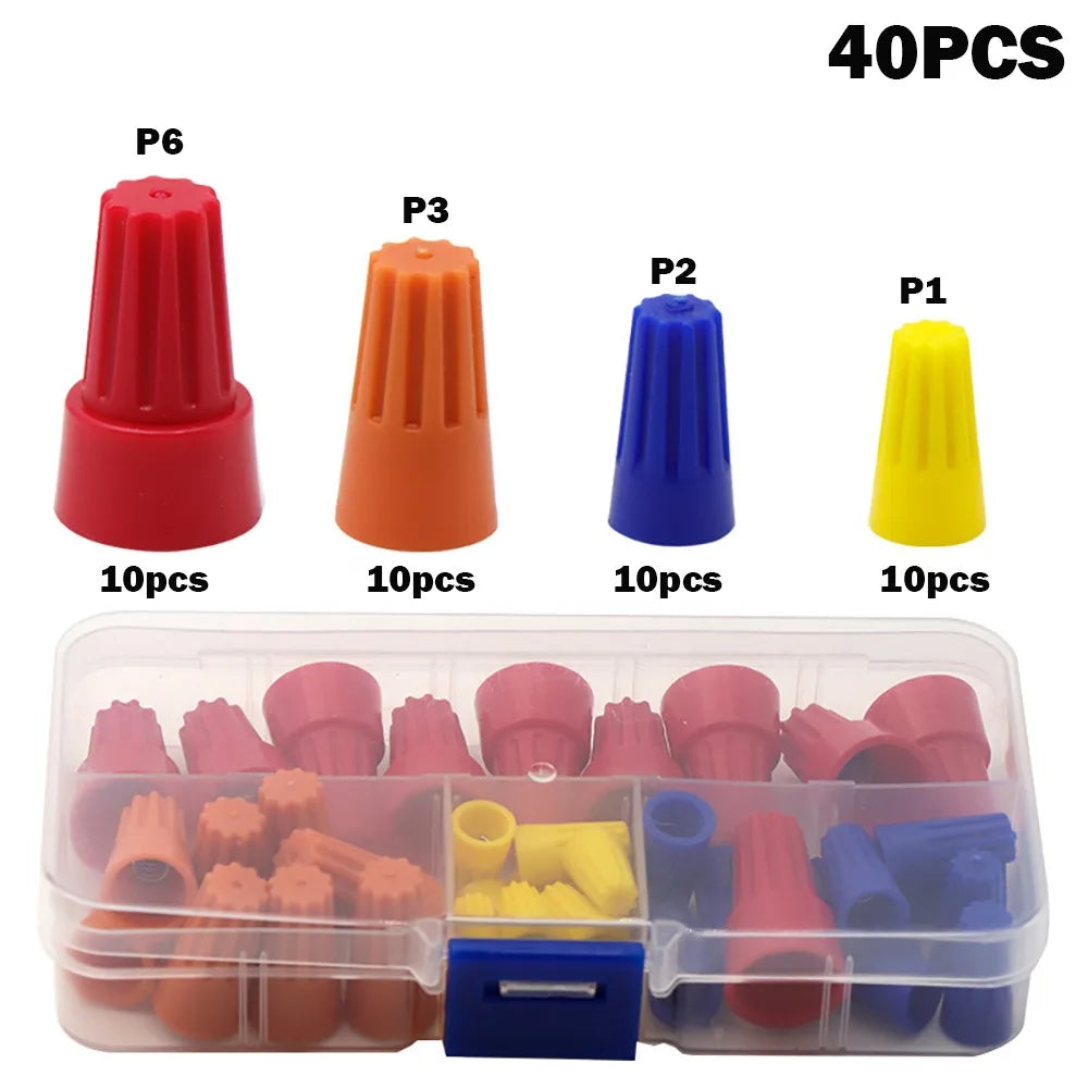 A collection of 40 color-coded twist-on wire connectors in various sizes and colors packaged in a clear plastic container.