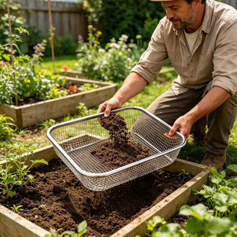 A man uses a stainless steel garden soil sieve to fill a plant pot with dark soil in a garden bed.
