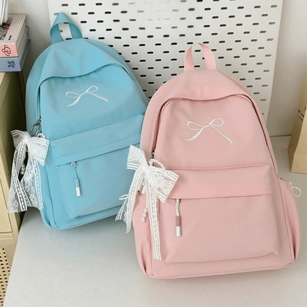 Embroidered Bow Nylon Backpack for Girls – Lightweight & Spacious