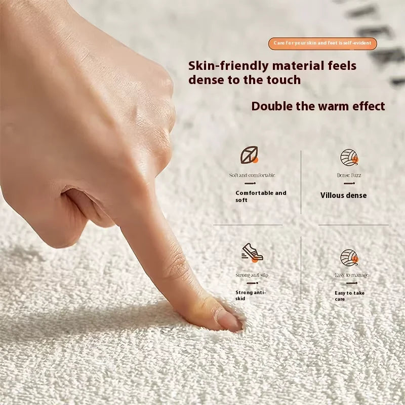 A hand gently touches a soft, textured rug material, emphasizing its density and warmth.