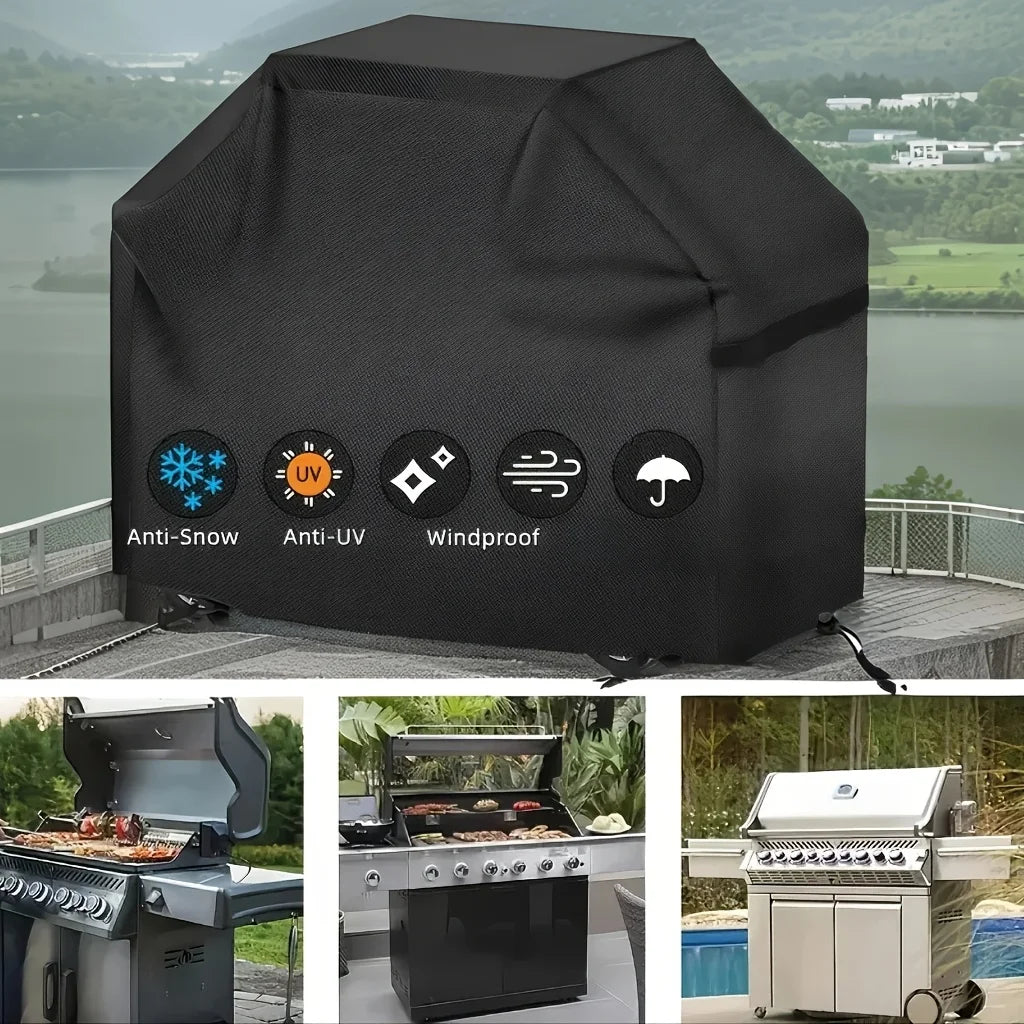 Black waterproof barbecue grill cover with anti-snow, anti-UV, and windproof features.