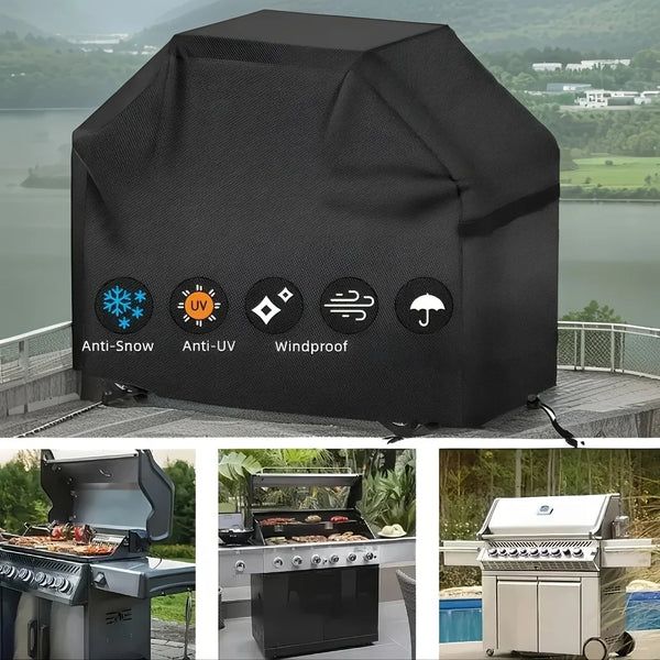 Black waterproof barbecue grill cover with anti-snow, anti-UV, and windproof features.