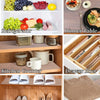 A collection of kitchen and storage items including a refrigerator shelf, counter, drawer liner, shoe rack, and closet.