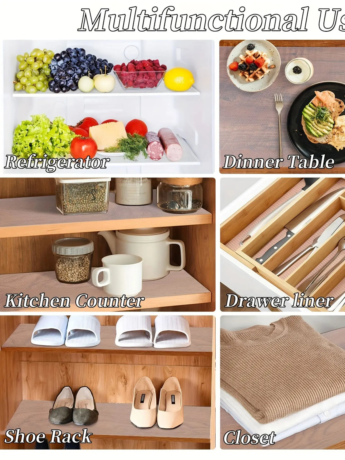 A collection of kitchen and storage items including a refrigerator shelf, counter, drawer liner, shoe rack, and closet.