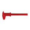 Red plastic vernier caliper tool used for inside, outside, depth, and step measurements.