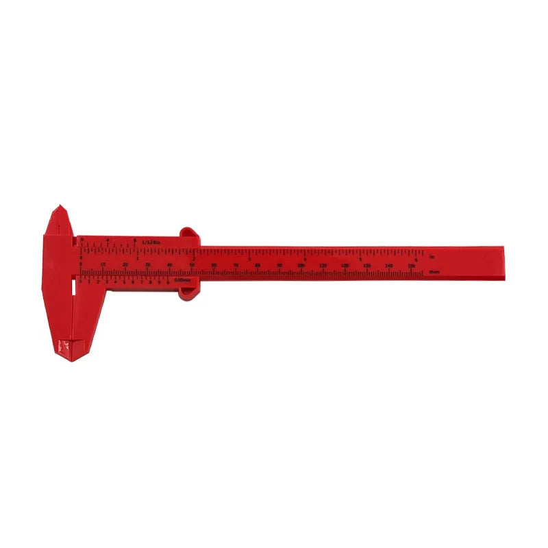 Red plastic vernier caliper tool used for inside, outside, depth, and step measurements.