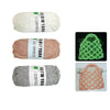 Three skeins of glow-in-the-dark polyester yarn for knitting and crochet in white, pink, and gray.