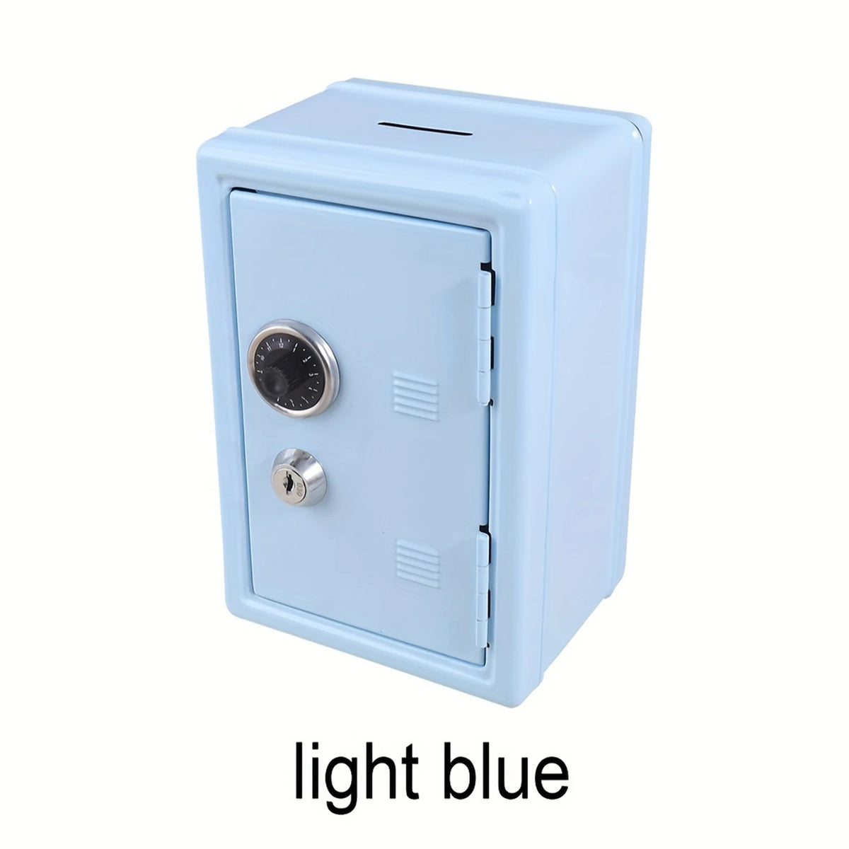 Light blue vintage metal piggy bank with a combination lock and key.