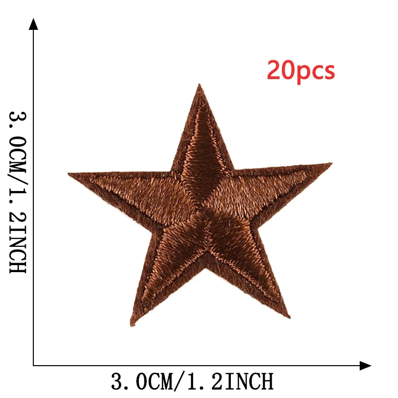A brown star embroidery patch is shown, measuring 3.0cm by 1.2inch.