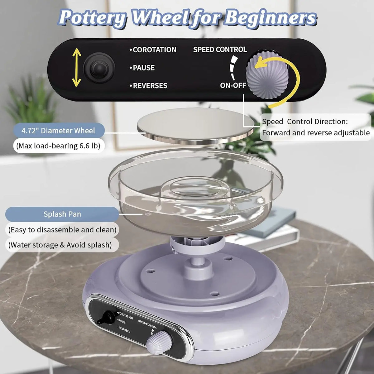 A purple mini pottery wheel kit for beginners showing the wheel, power controls, and splash pan.