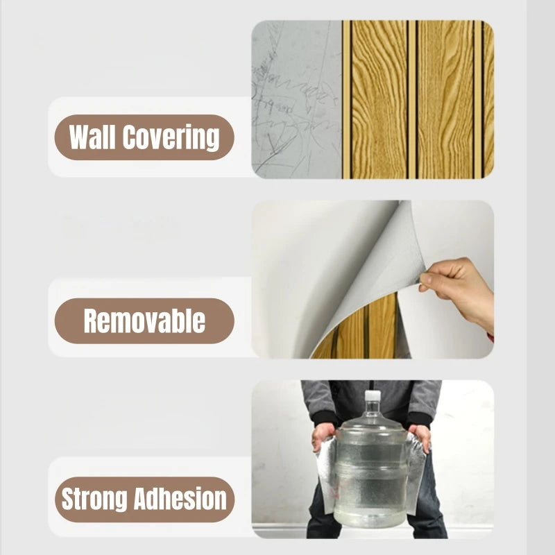Peel and Stick Wood Slat Wallpaper with Gold Trim