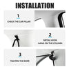 Installation steps showing how to hang a metal hook on a car pillar and tighten the rope for a privacy divider curtain.
