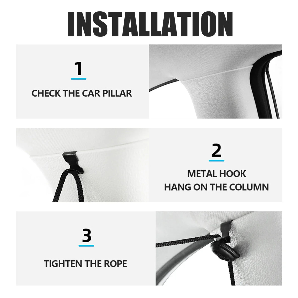 Installation steps showing how to hang a metal hook on a car pillar and tighten the rope for a privacy divider curtain.