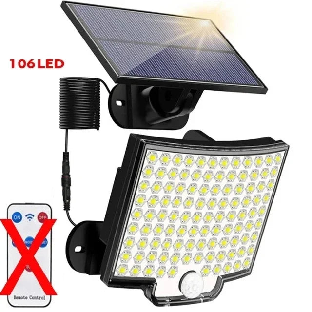 A solar powered motion sensor flood light with a detachable panel and remote control.