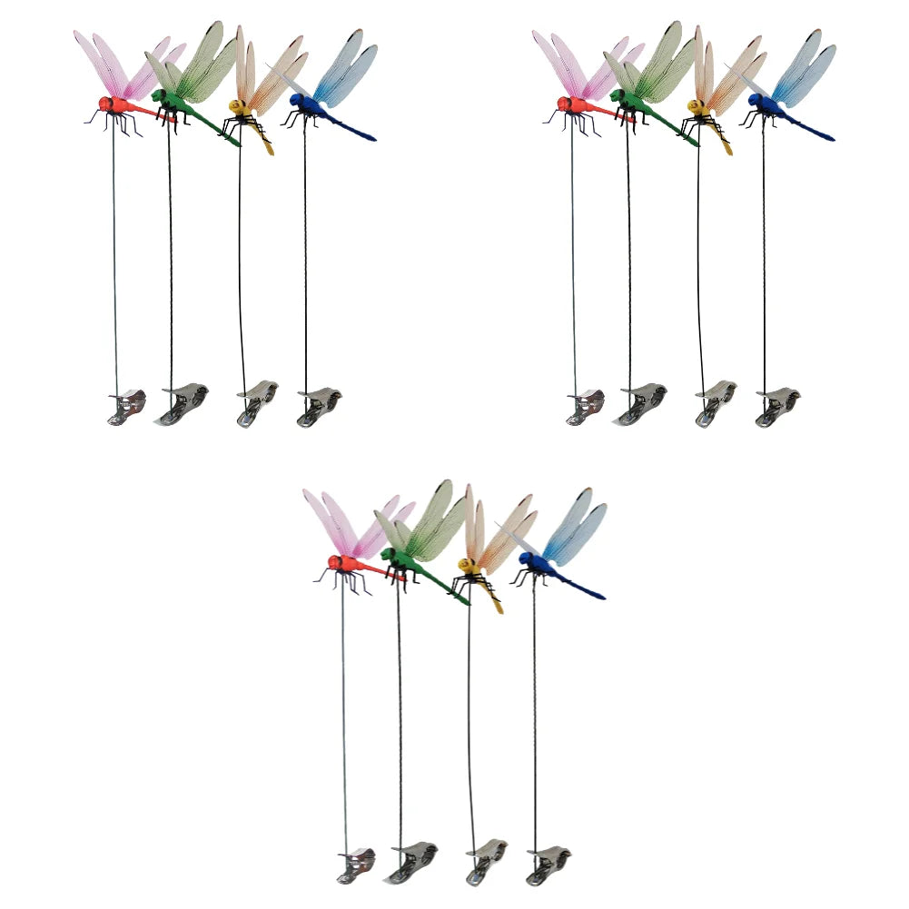 A collection of lifelike dragonfly garden clips with insect repellent designs in various colors and species.