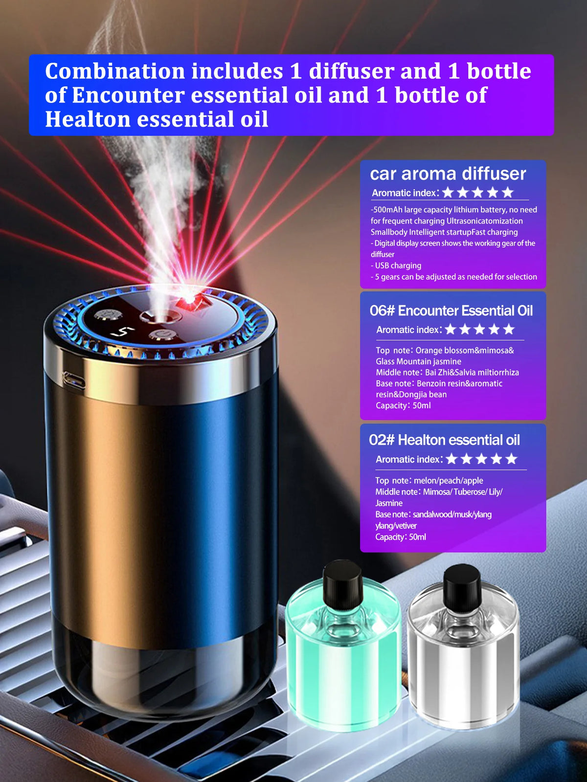 Un ensemble d'un diffuseur d'huiles essentielles Encounter et d'une bouteille d'huiles Heilton sur une console de voiture mod