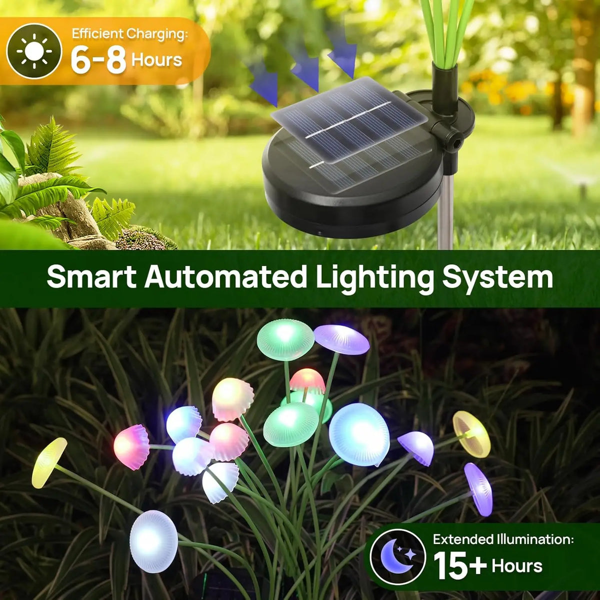 Lumières pour jardin de champignons alimentées par énergie solaire, illuminant les plantes pour une illumination prolongée.