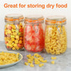 Three glass mason jars filled with dried food, including fruit and pasta, demonstrating storage options.