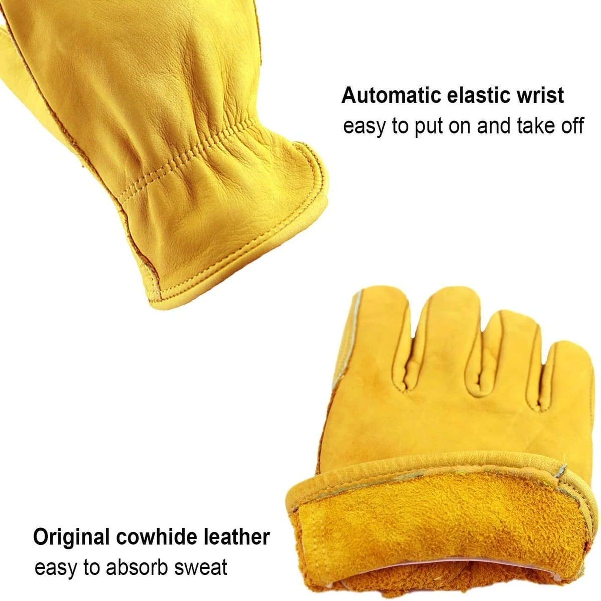 Yellow cowhide leather gardening gloves showing the elastic wrist and absorbent palm area.