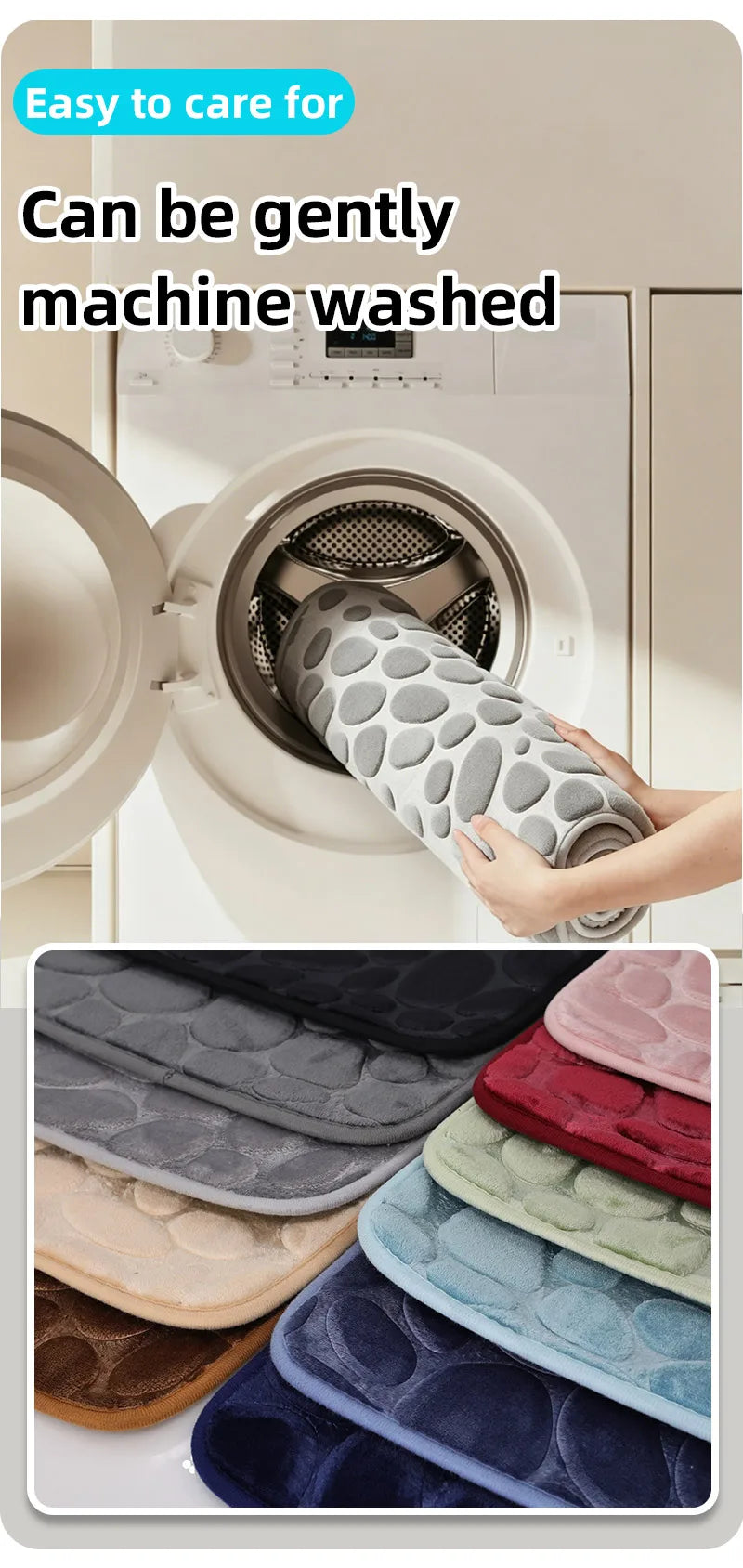 A hand is gently washing a gray, pebble-textured absorbent bathroom rug inside a white washing machine.
