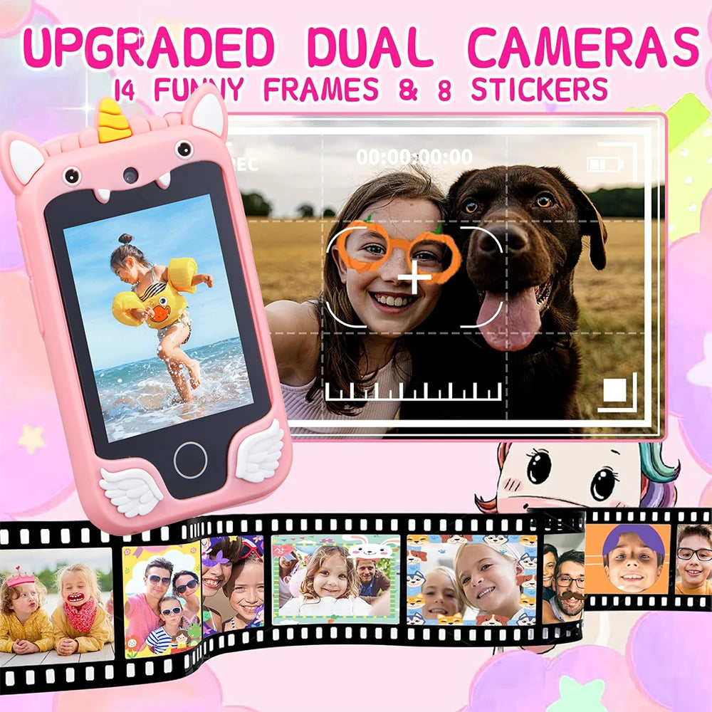 Pink unicorn smartphone with dual cameras and frames for photos and stickers