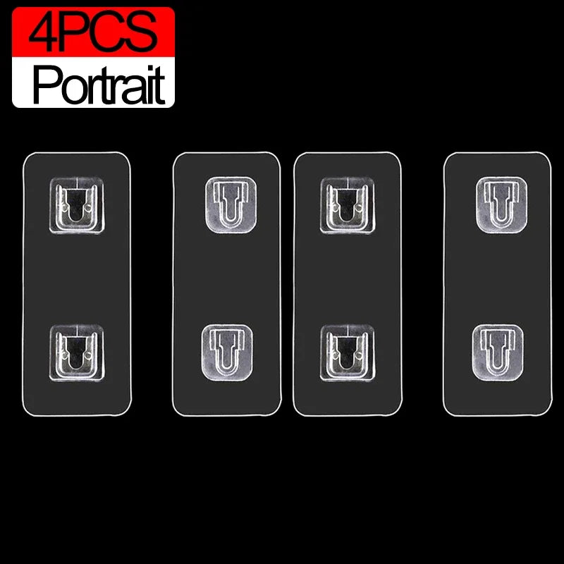 Four transparent adhesive wall portrait hooks for display