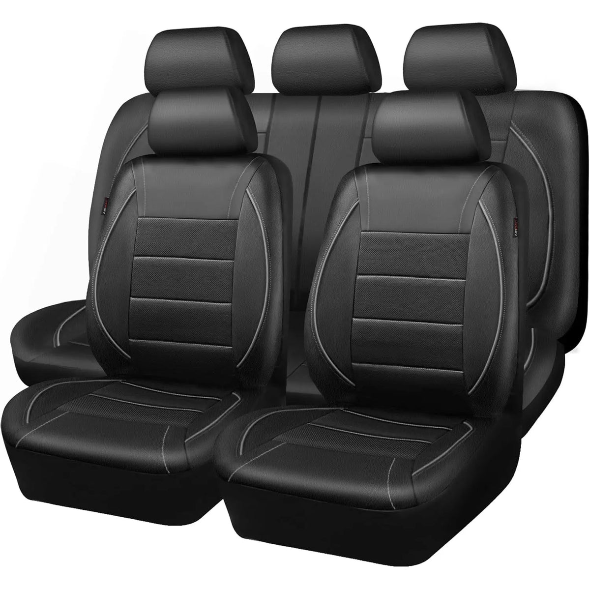 A full set of black universal leather car seat covers for a vehicle.