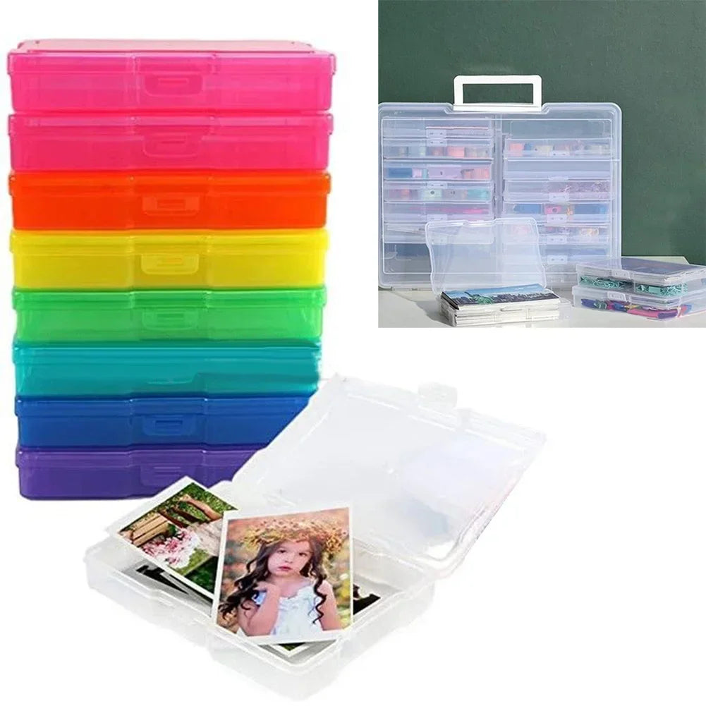 A set of clear plastic photo storage boxes in various bright colors, including pink, orange, yellow, green, and blue.