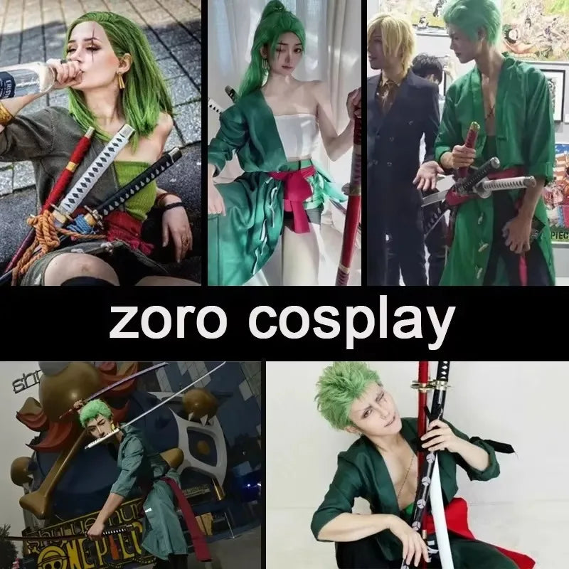 A collage of various people in Roronoa Zoro cosplay, featuring different outfits and sword props.