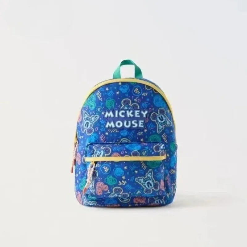 A blue and purple Mickey Mouse print backpack with yellow trim.