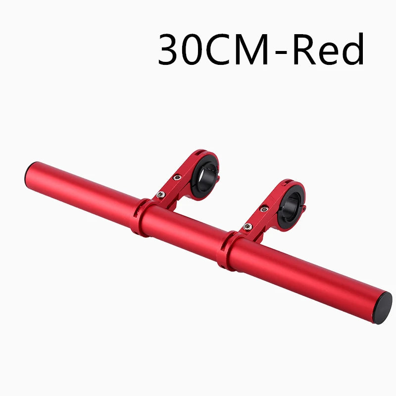 A 30cm red aluminum alloy bicycle handlebar extender mount with two mounting brackets.