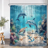 Ocean life shower curtain featuring dolphins and sea turtles in a vibrant blue underwater scene