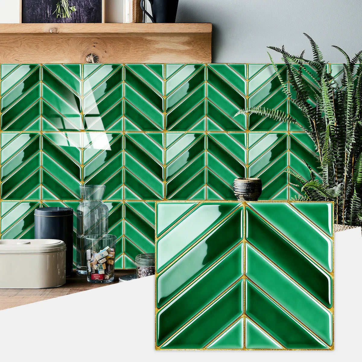 Emerald green herringbone marble peel-and-stick wall tiles installed on a wooden surface.