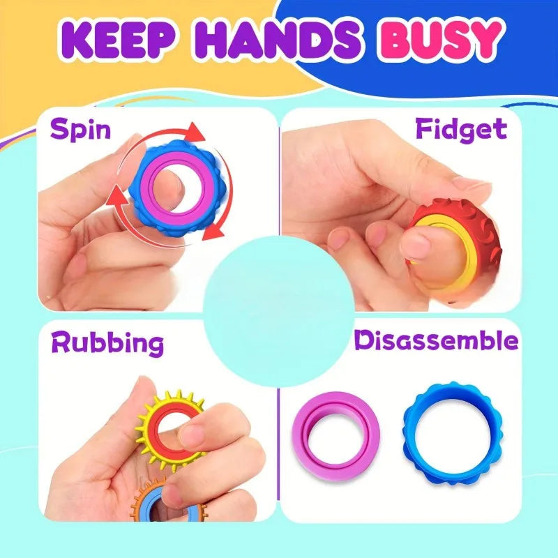 Hands busy sensory fidget rings in various colors like purple, orange, and blue for stress relief