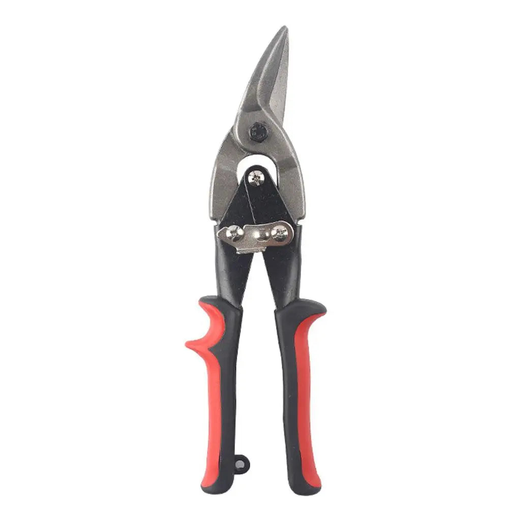 A pair of heavy-duty aviation snips with silver jaws and black handles for sheet metal cutting.