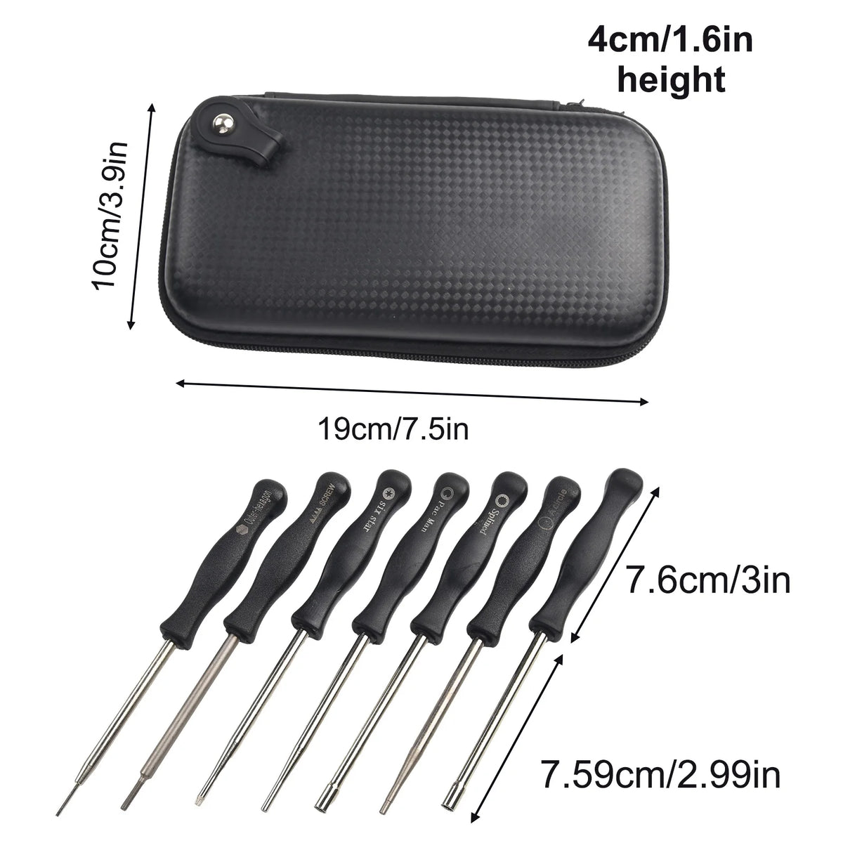 Black 14-piece carburetor adjustment tool kit with a 4cm height and various sized probes.