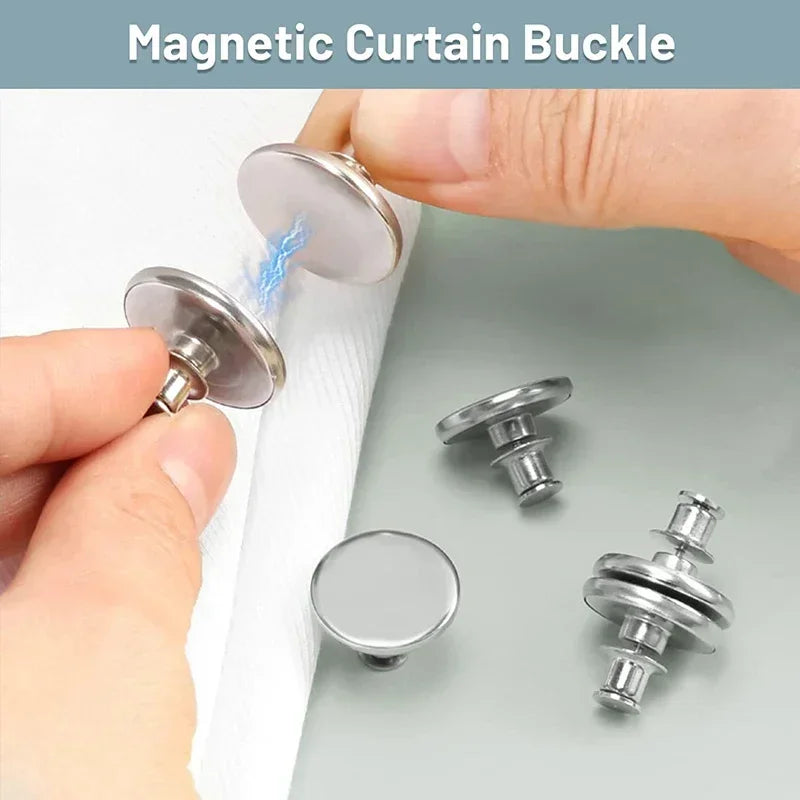 A hand is demonstrating a magnetic curtain buckle, showing the detachable button fastener and various sizes of the clip.