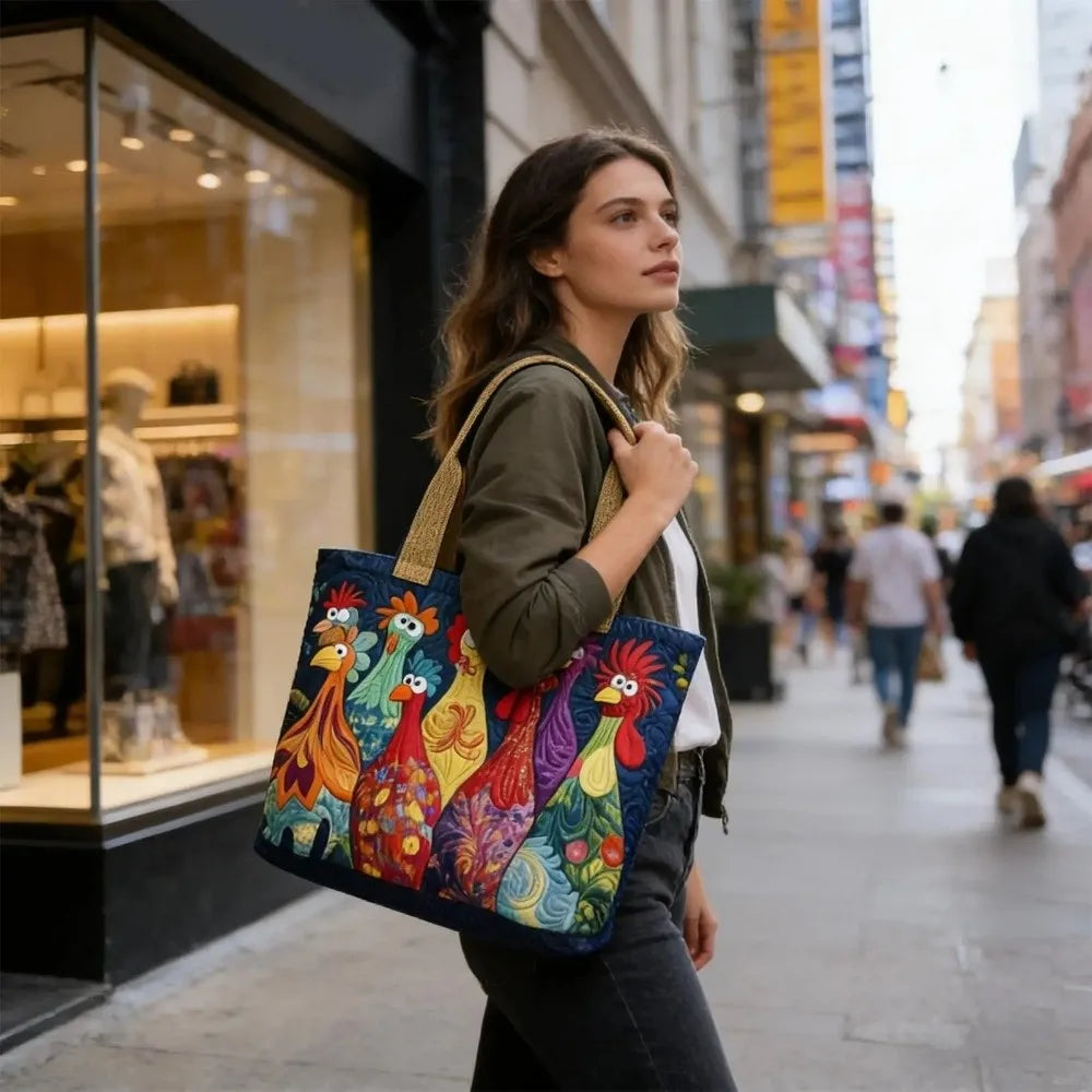 A woman wearing a olive green jacket and dark pants holds a colorful vintage quilted tote bag with painted birds on it.