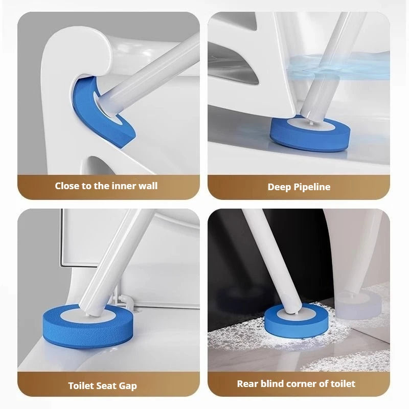 Wall-mounted disposable toilet brush set showing various cleaning angles including close to the inner wall, deep pipeline, to