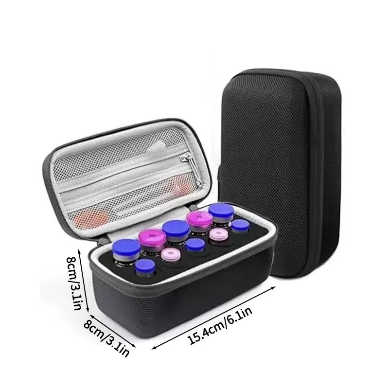 Black portable storage case for insulin and peptide vials with a silver interior tray