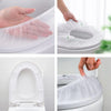 Close-up shots show a waterproof disposable toilet seat cover mat being placed on and removed from a toilet seat.