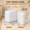 A set of two white, slim rectangular trash cans, one large and one small, displayed on a light surface.