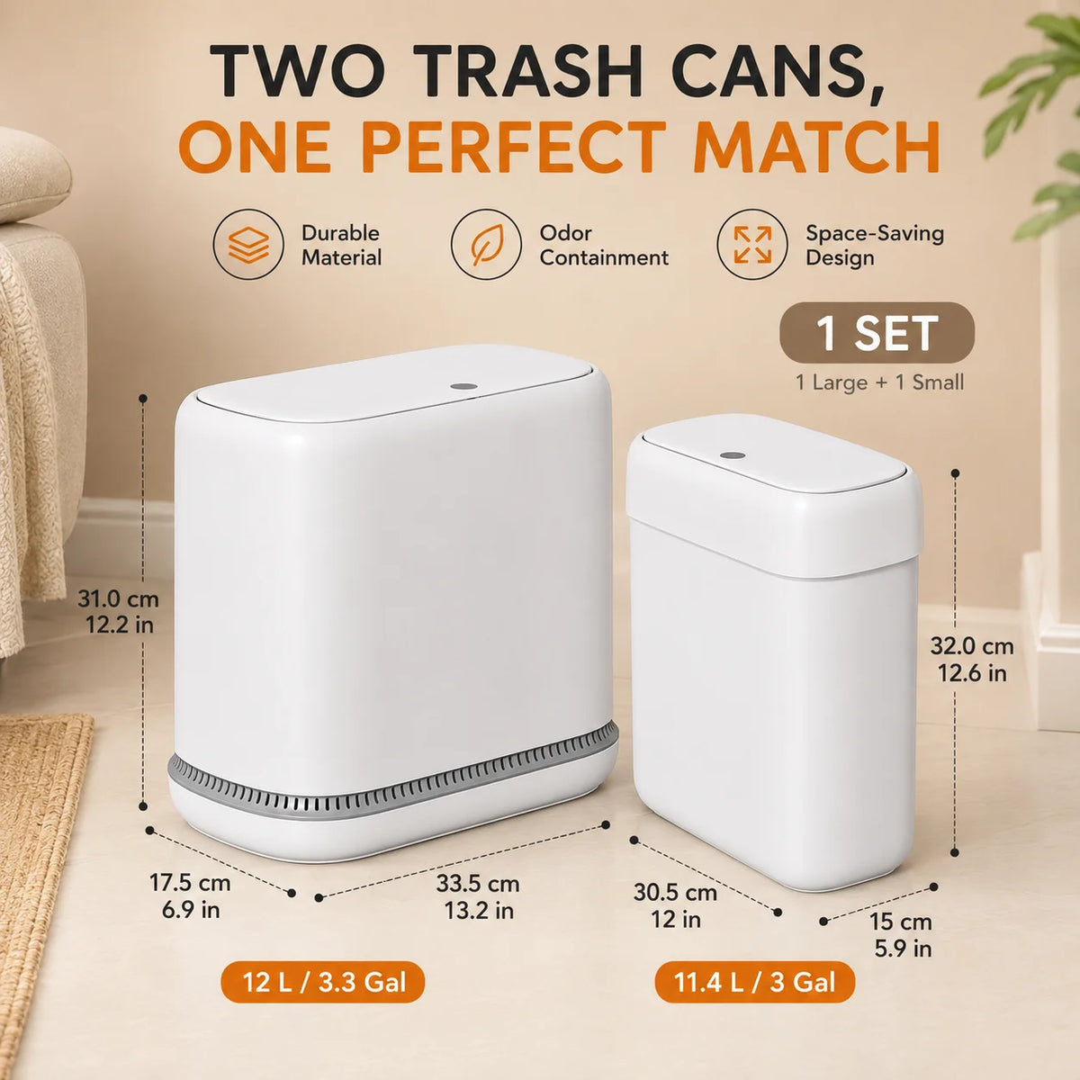 A set of two white, slim rectangular trash cans, one large and one small, displayed on a light surface.