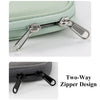 Close-up of a light green padded laptop sleeve bag featuring a two-way zipper design and silver hardware.