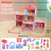 A pink 3-floor, 7-room dollhouse with accessories and dolls in random colors displayed on a wooden surface.